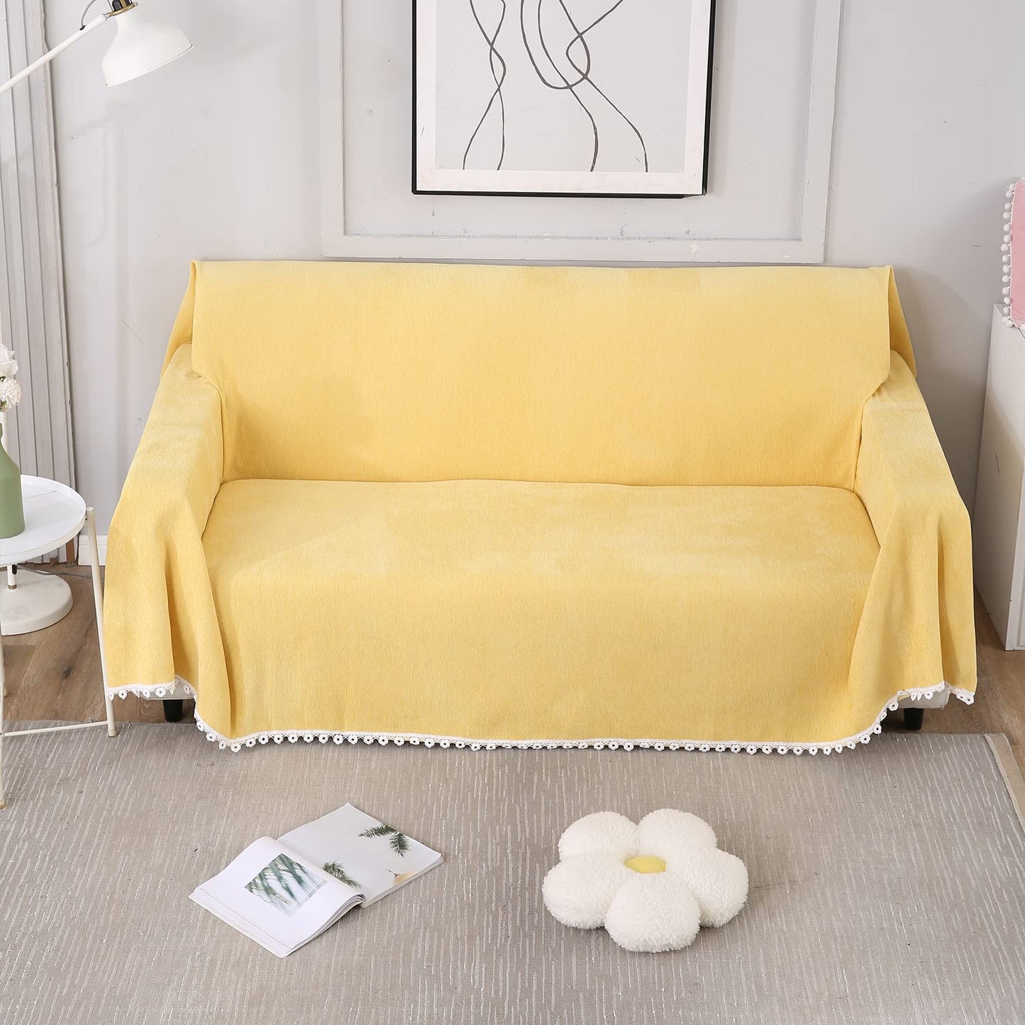 Yellow chenille sofa throws, machine washable, & available for 1, 2, 3 seater sofas