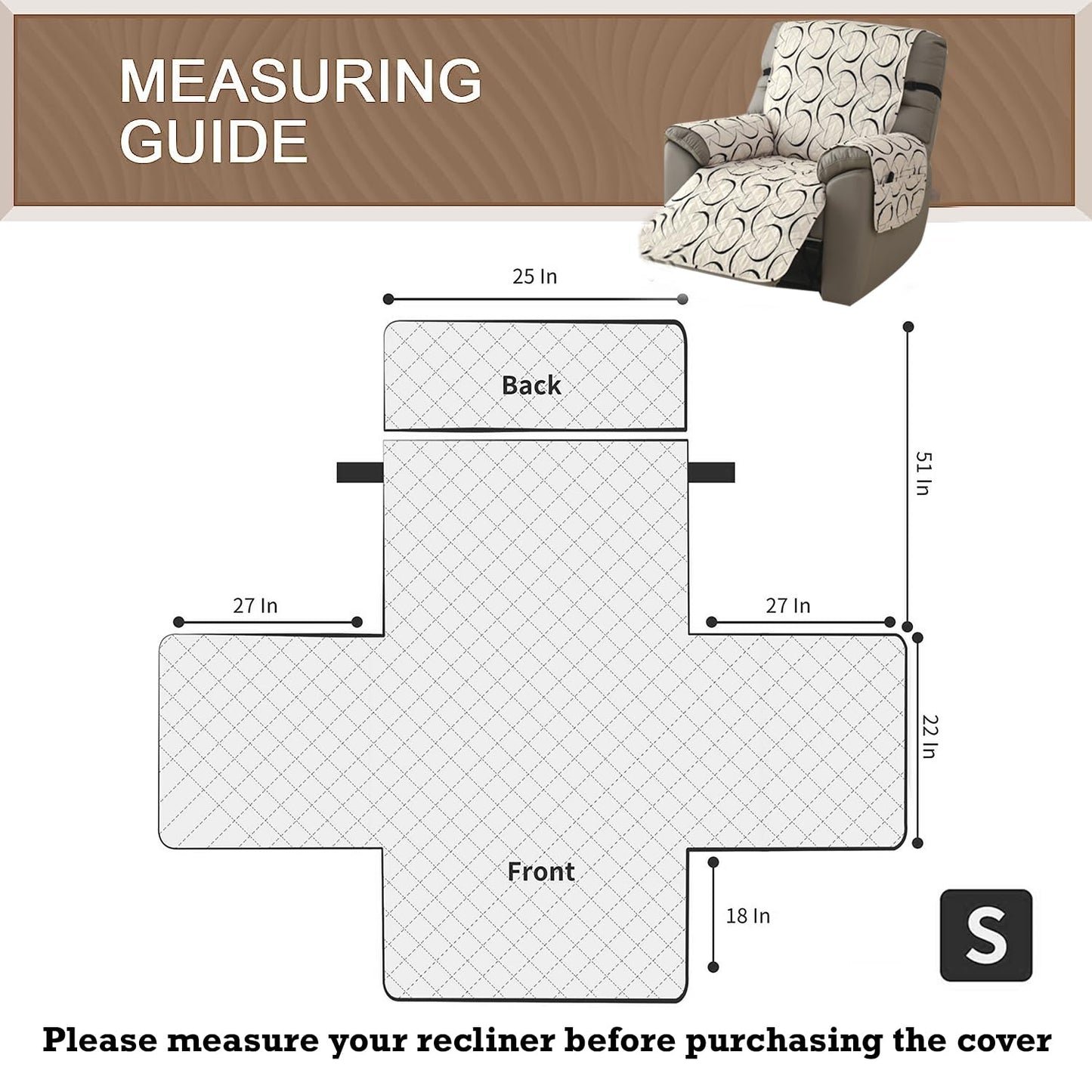 Quilted Recliner Water Repellent & Waterproof Cover for Small / Large - Intense Grey Abstract Floral