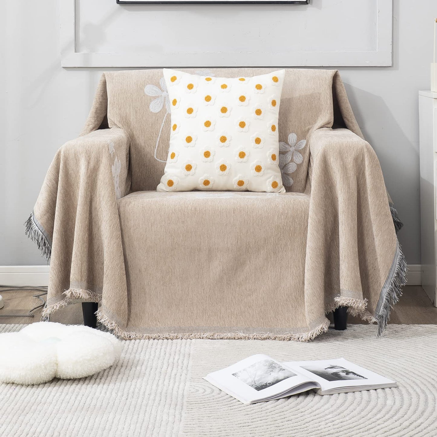 Beige Nature, Soft and Pet Friendly Chenille Sofa Cover Throw