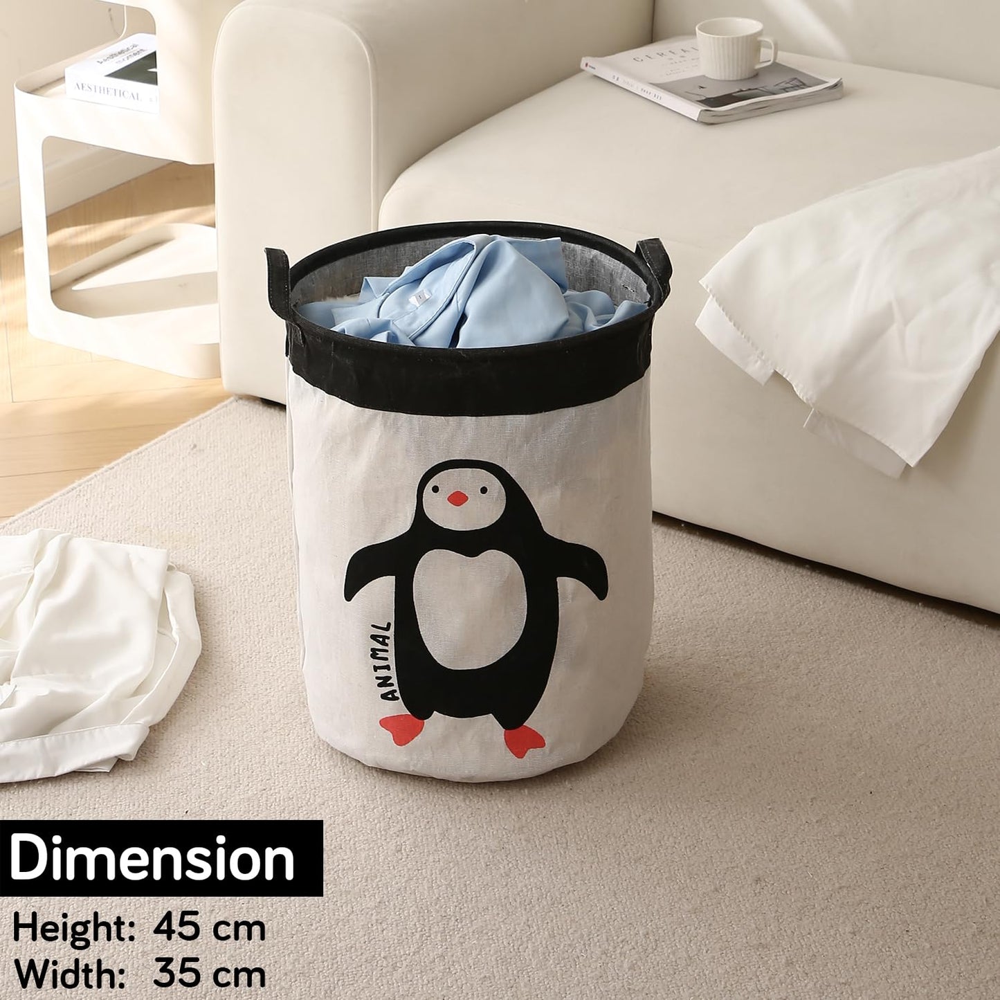 Kids Laundry Basket for Clothes, Toy Storage Bag, Penguin