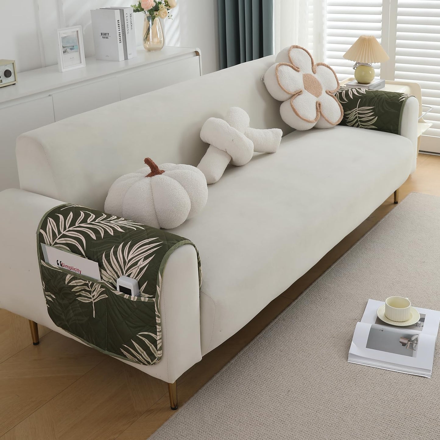 Quilted, Waterproof and Anti-Slip Sofa Cover Mat, Palm Leaves Olive