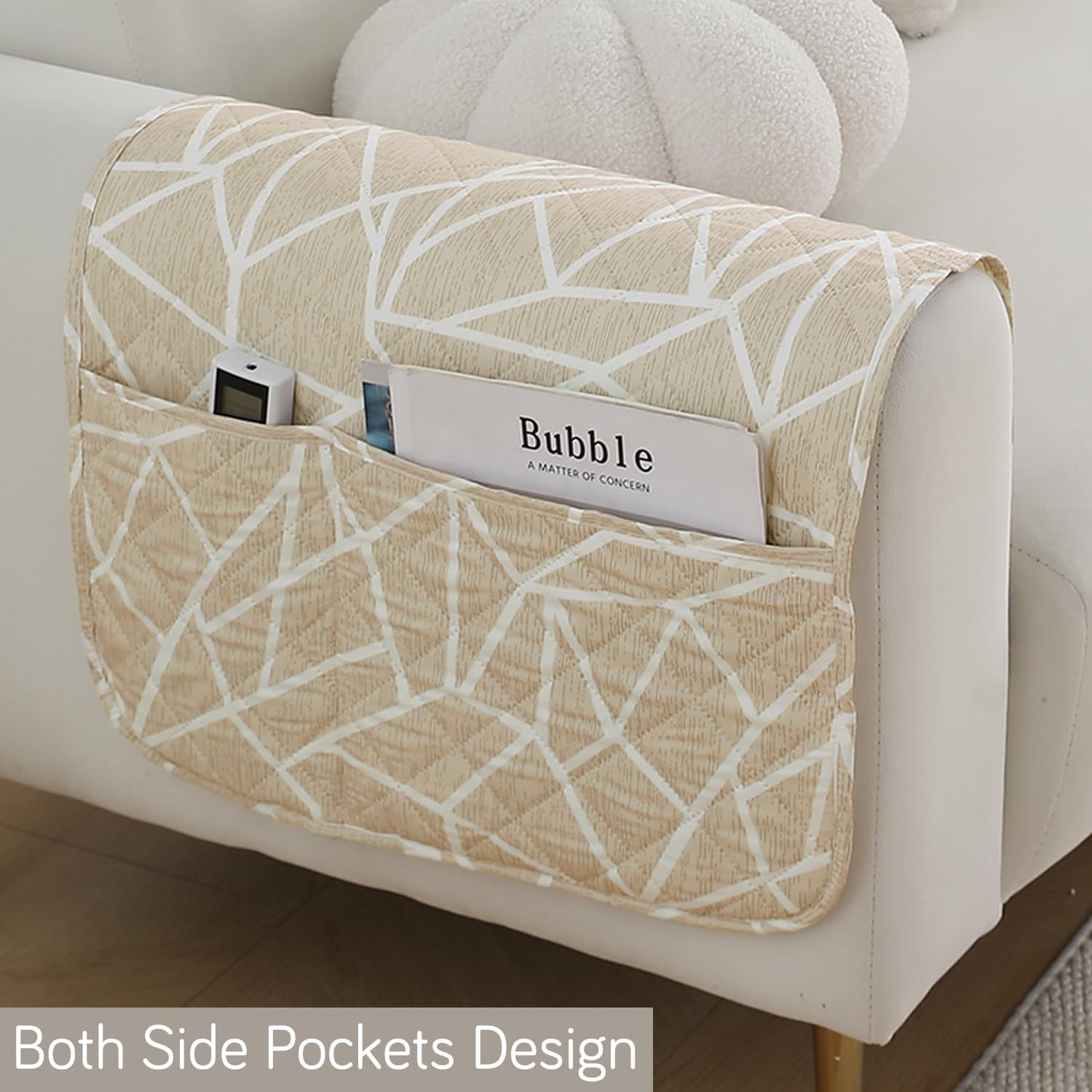 HOKIPO Water Repellent & Waterproof Sofa Armrest Covers with Pockets (Set of 2) - Beige Abstract Geometry