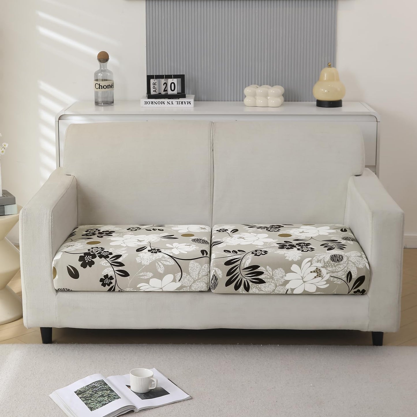 140 GSM Stretchable Printed Elastic Sofa Cushion Seat Cover for 1 /2 /3 Seaters / Pieces for Sofa, Feather Brown Floral