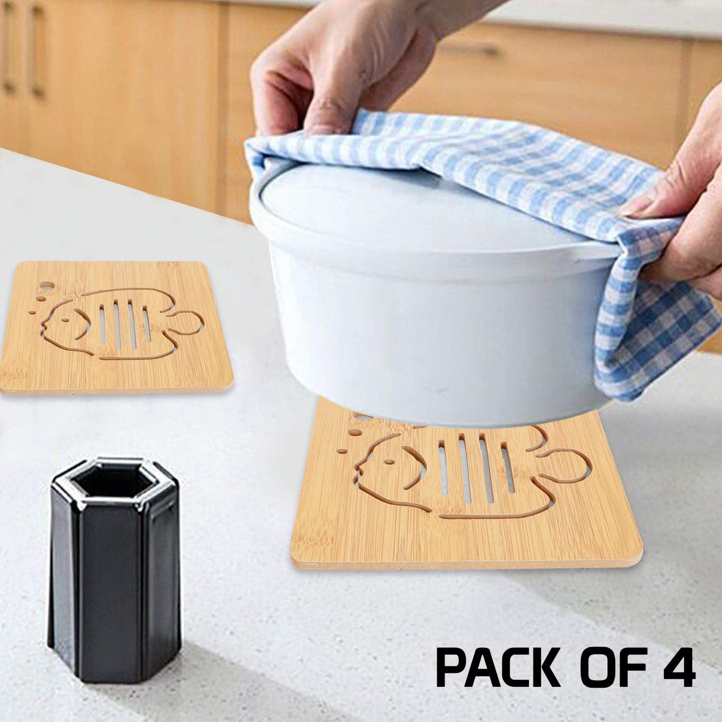 HOKIPO Eco-Friendly Bamboo Wooden Coasters for Home Pan Pot Holder - Pack of 2/4/6
