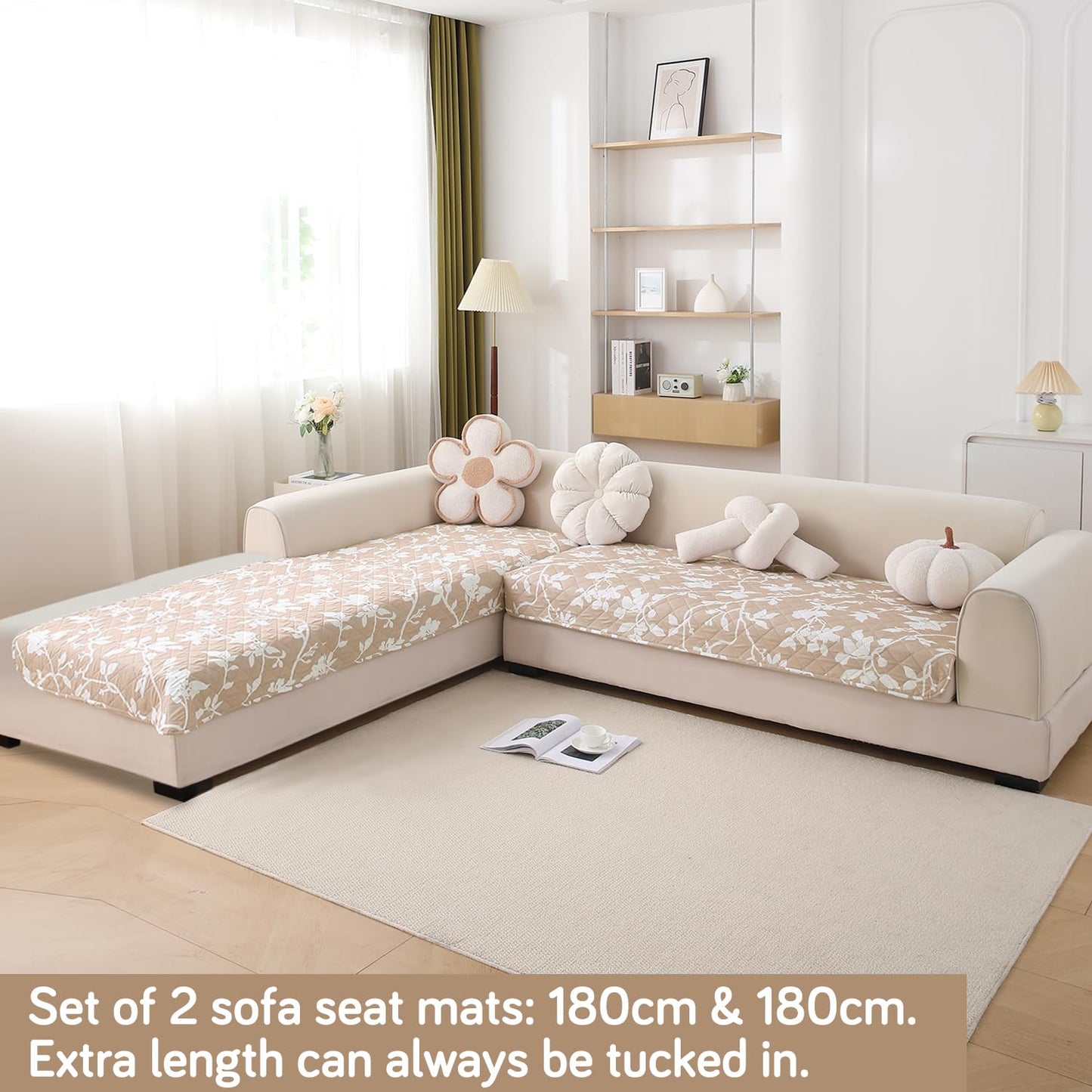 Waterproof Printed Quilted Quick Dry L Shape Sofa Seat Cover Mat, Buff Brown Sillehoute Floral