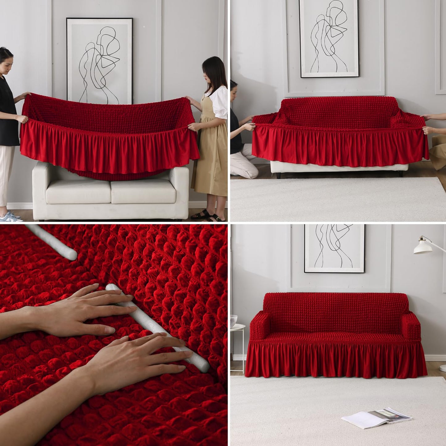 How to put Scarlet Red stretchable Turkish Bubble frill sofa cover guide