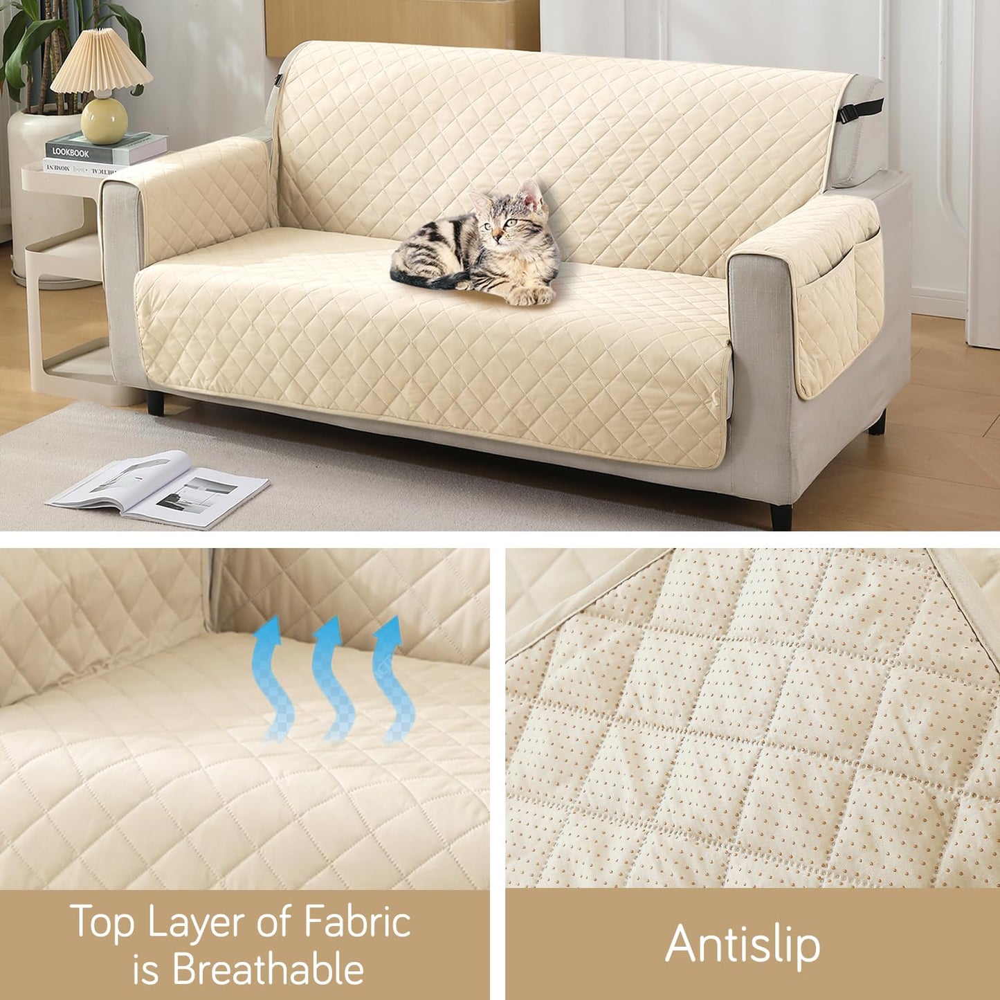 Quilted Waterproof Sofa Cover Mat with Pockets on Armrest Cover - Cream