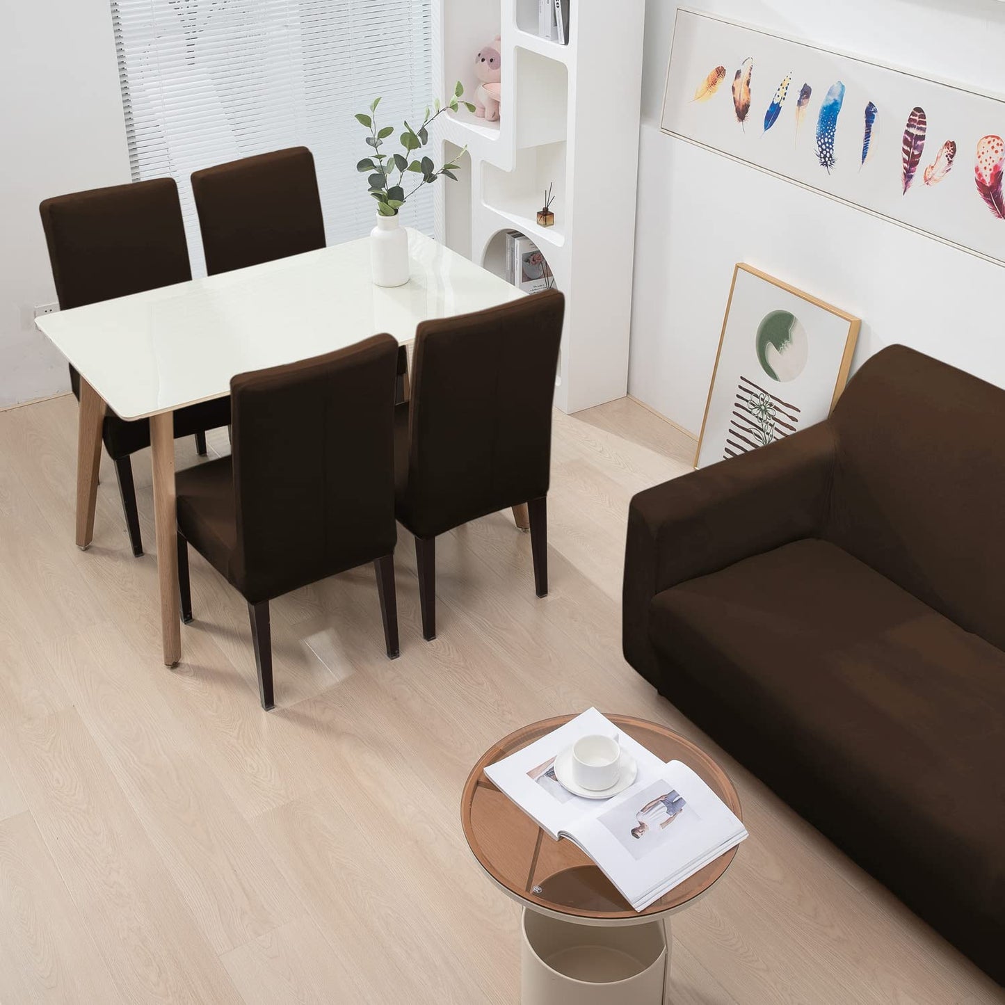 Brown matching stretchable velvet chair and sofa covers