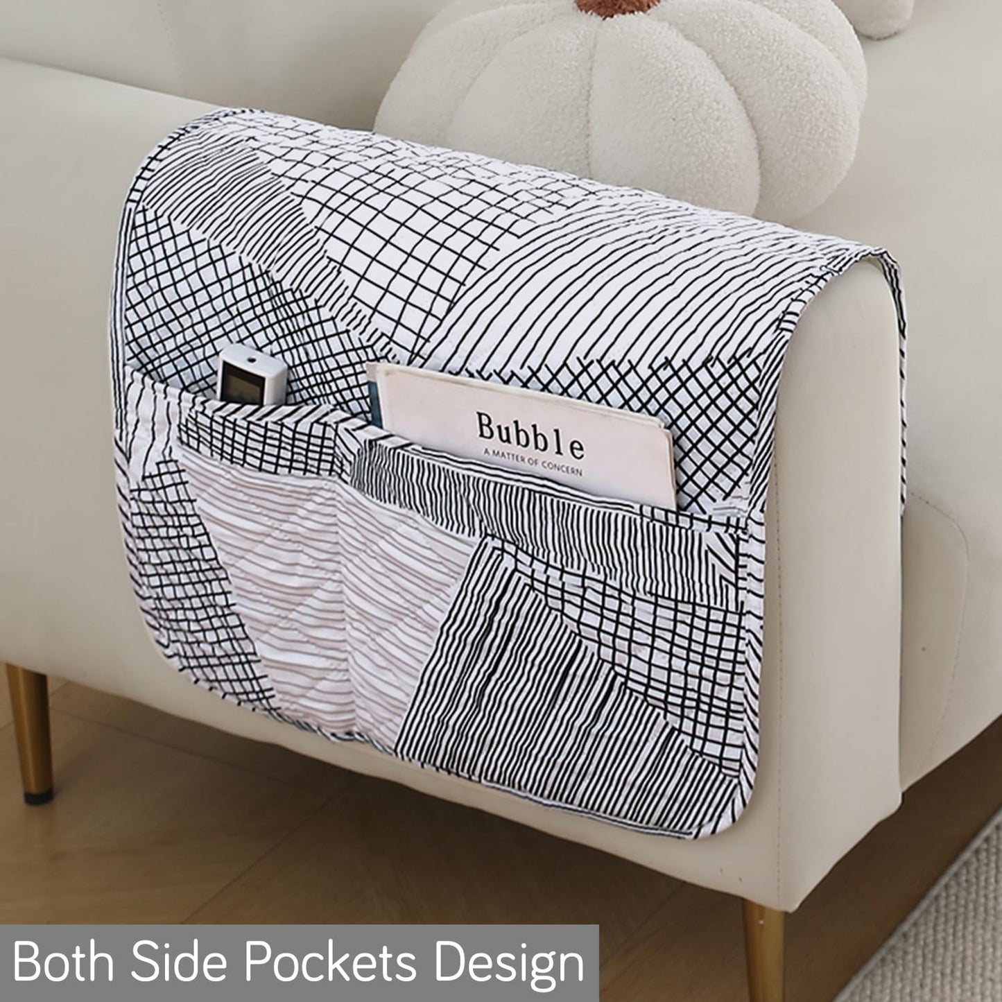 Water Repellent & Waterproof Sofa Armrest Covers with Pockets (Set of 2) - Snow White Black Geometry