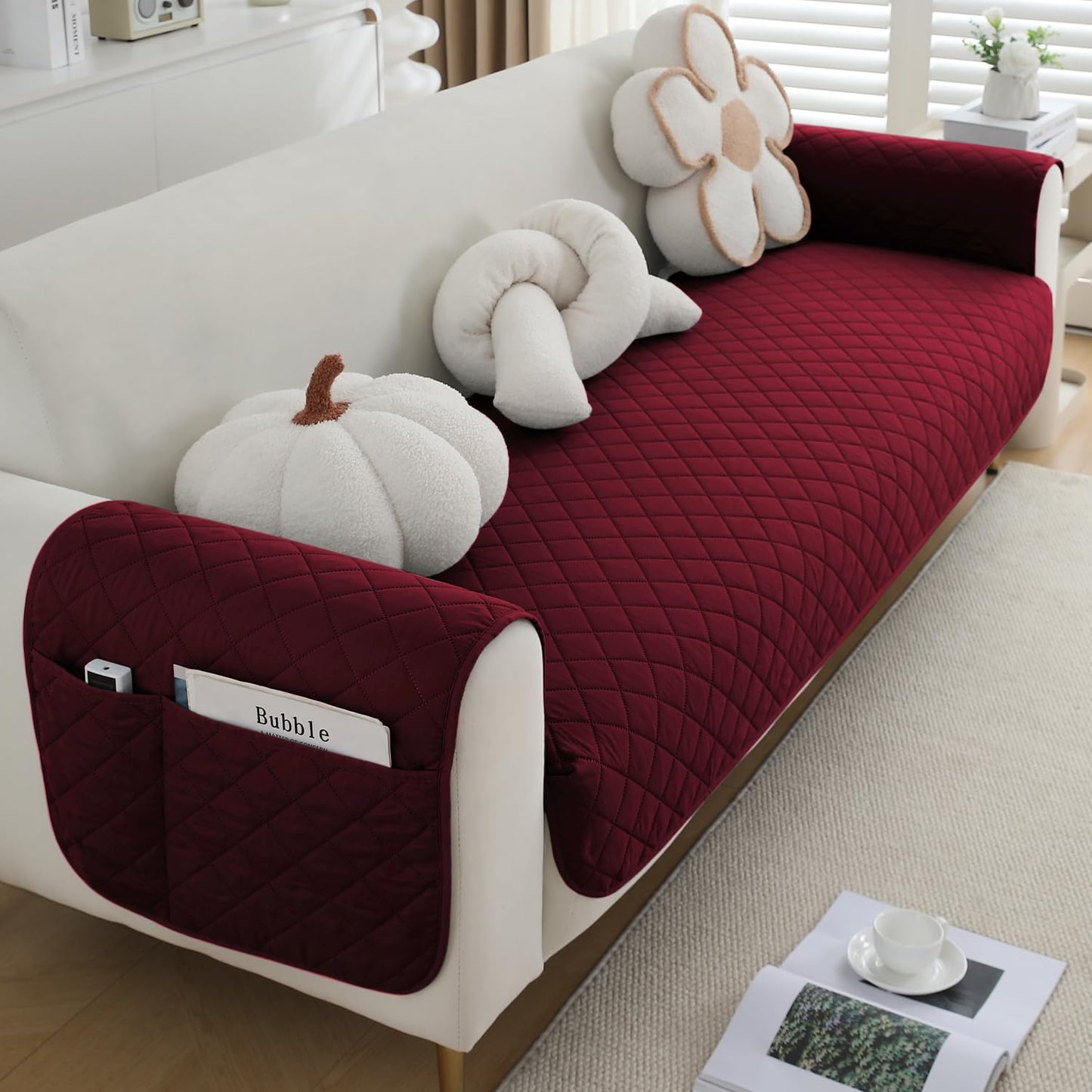 Quilted Waterproof Sofa Seat Mat with 2 Armrest Covers with Pockets, Burgundy