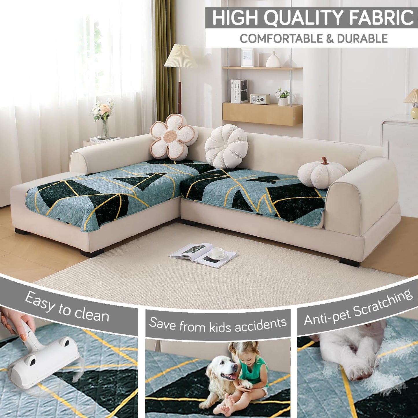 Waterproof Printed Quilted Quick Dry L Shape Sofa Seat Cover Mat, Multicolor Abstract Geometry