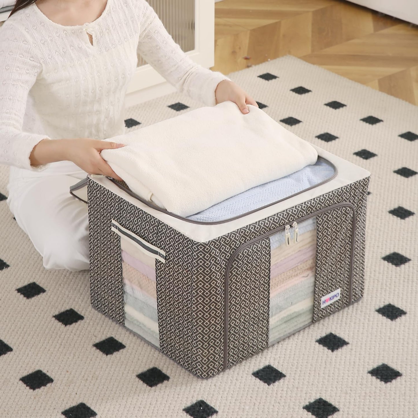 Wardrobe Organizer Storage Box | Foldable Cloth Storage Boxes with Metal Frame & Window | 600D Oxford Fabric, Charcoal Grey