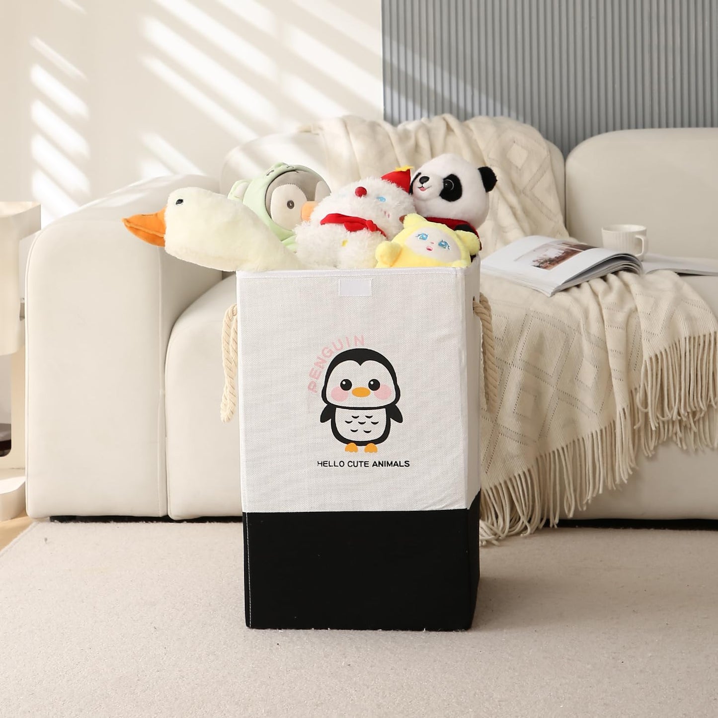 Foldable Laundry Basket for Clothes with Lid, Black - Penguin