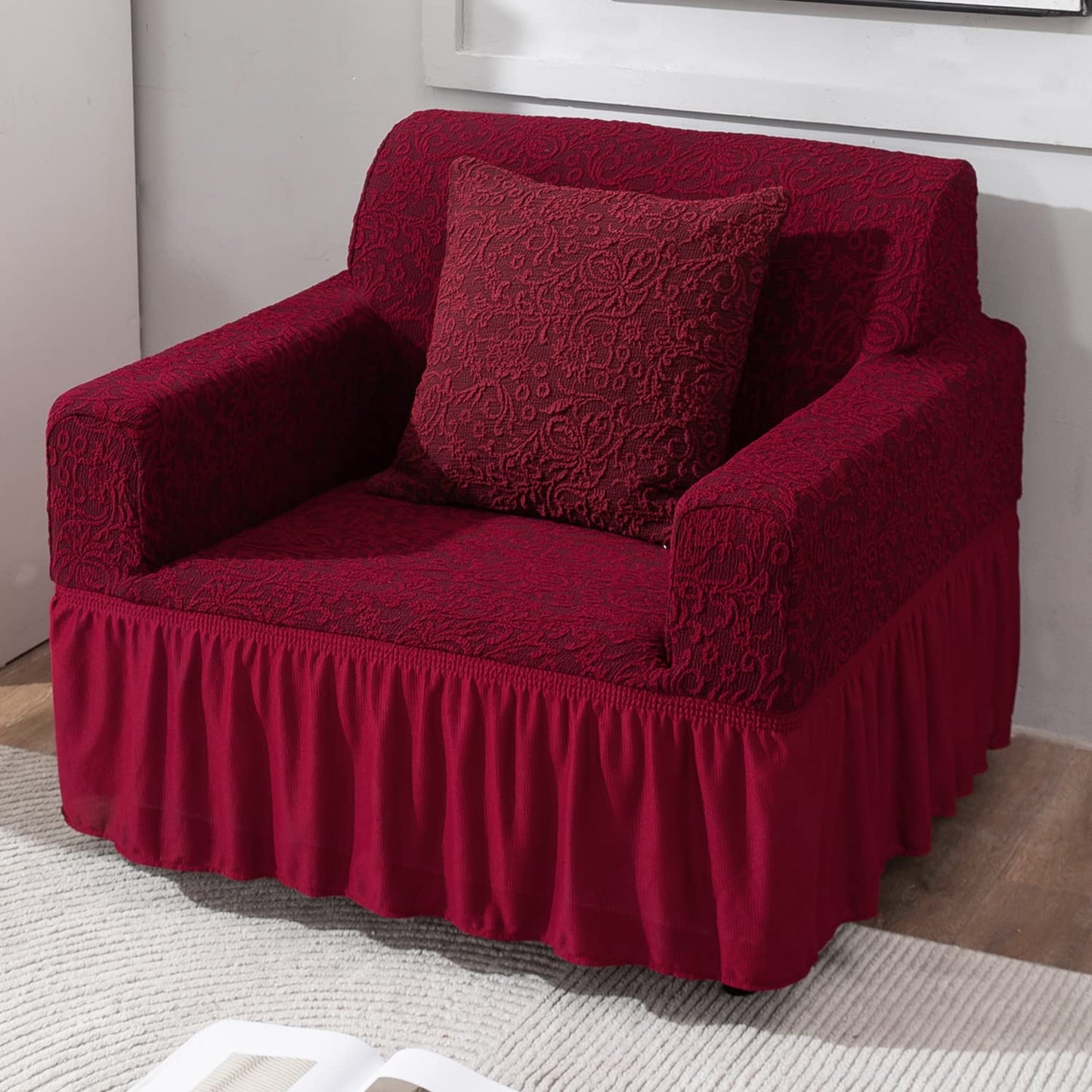 Wine Red designer woven jacquard elastic frill 1 seater sofa cover