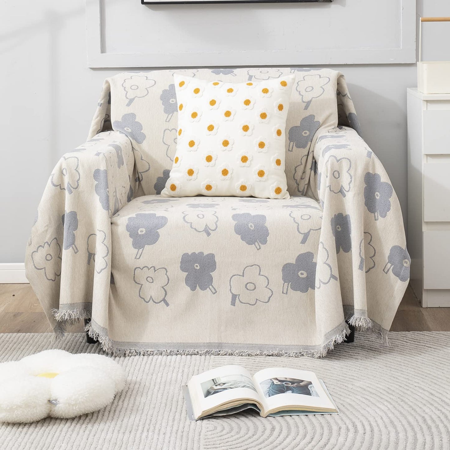 Buy 1 Seater elegant off white floral print colour chenille sofa throw of size 180(D)x180(L)