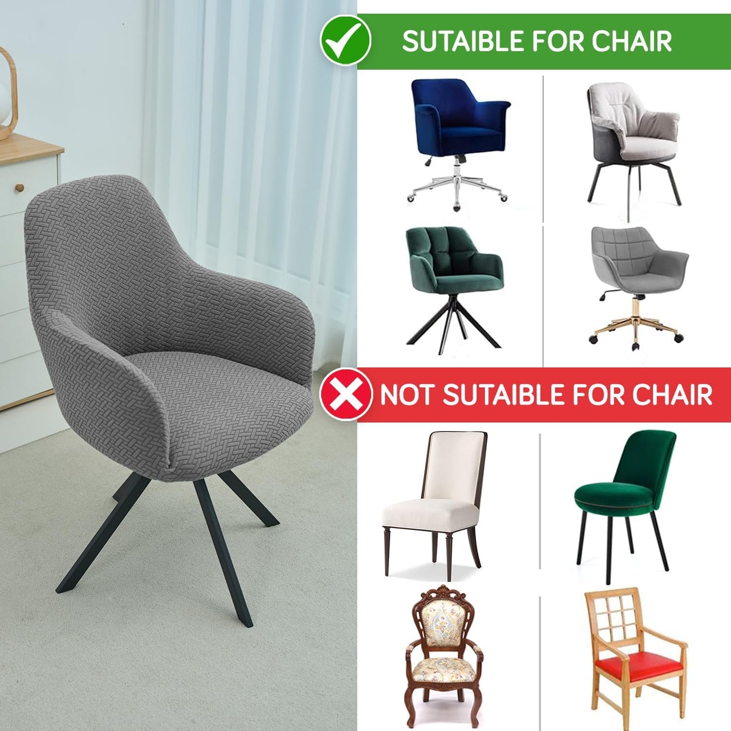 Premium Jacquard Fully Covered Cover for Swivel Dining Chair with Arms, Grey