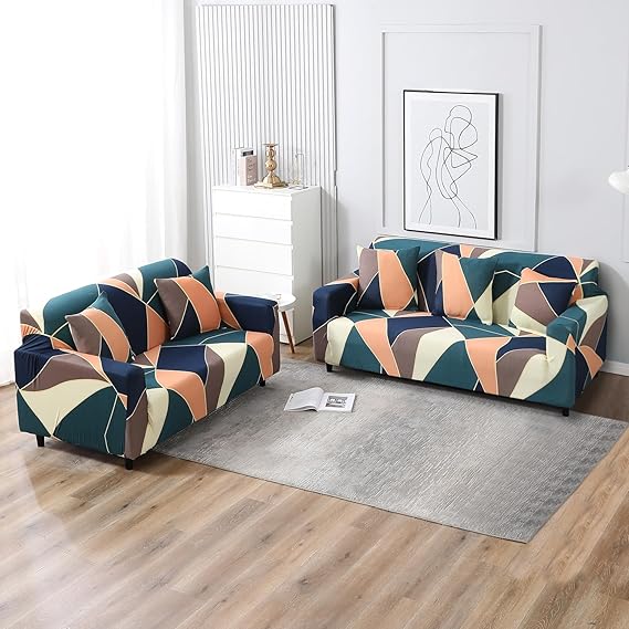 Elastic Stretchable Printed Sofa Cover , Green Peach Abstract