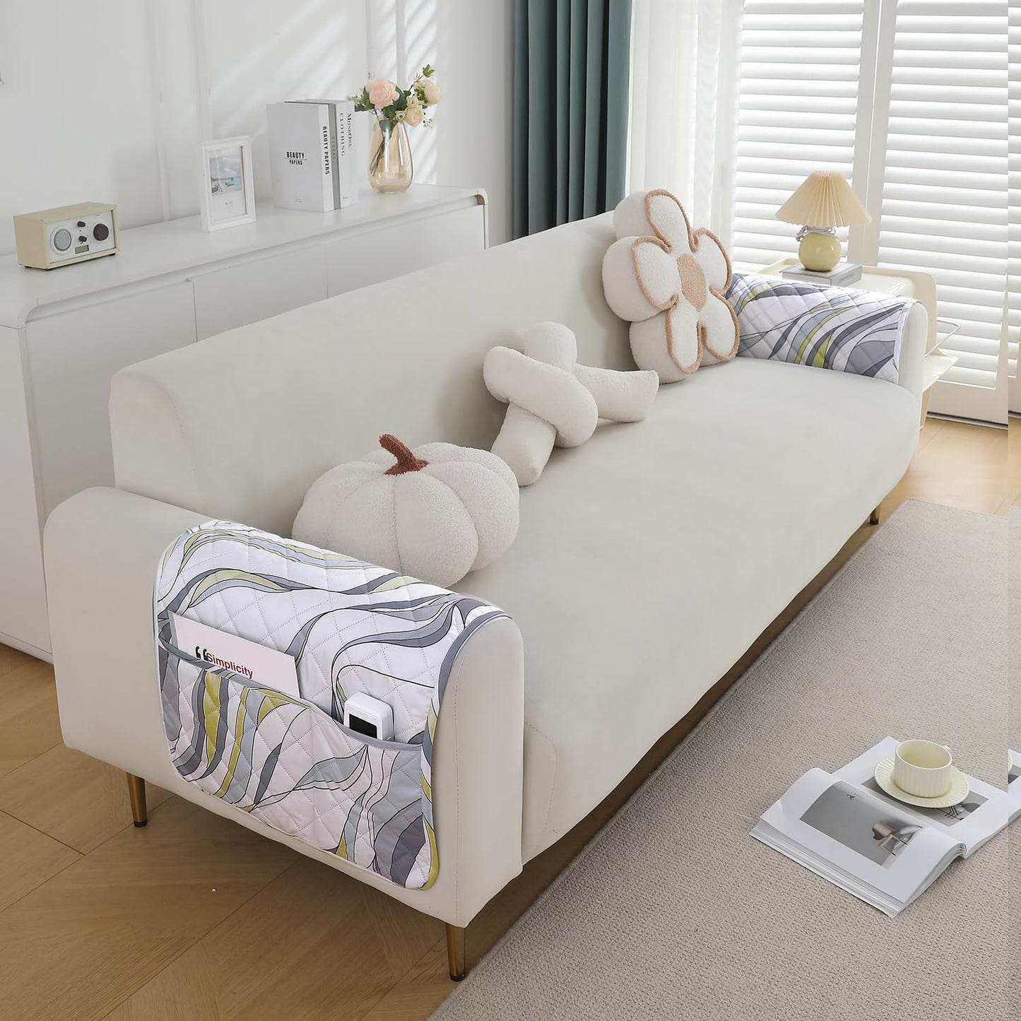 Quilted, Waterproof and Anti-Slip Sofa Cover Mat, Curved Lines Pearl White