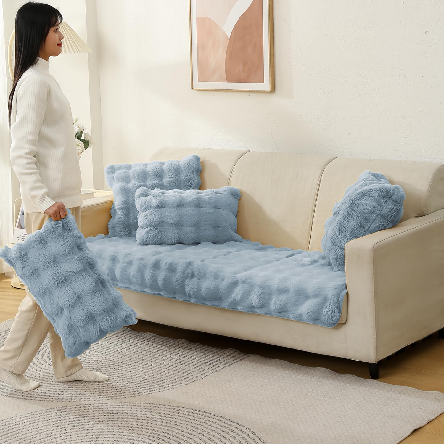 Buy cute Charm Blue colour Zippered faux rabbit fur Cushion Covers