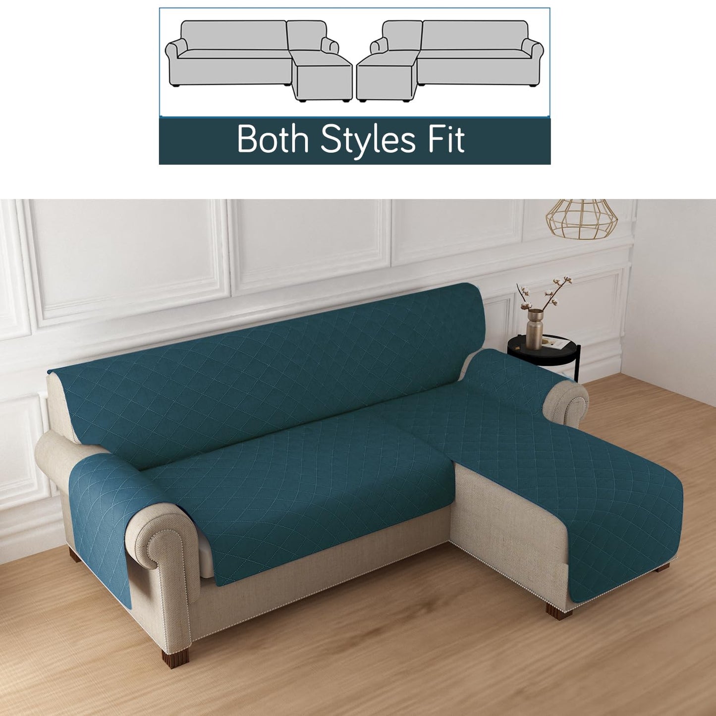 Quilted Reversible One Piece L Shape 4/5/6 Seater Sofa Cover Mat, Peacock Blue