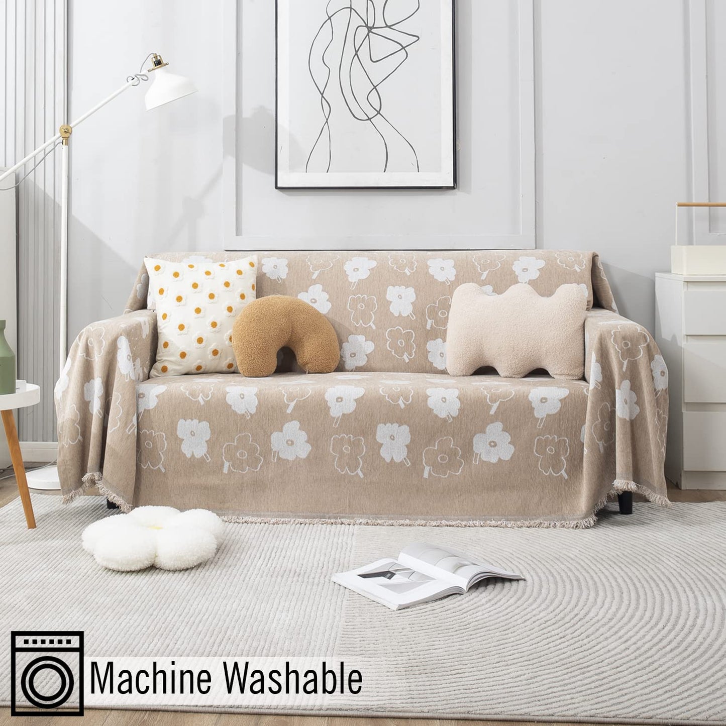 Beige Floral, Thick, Soft and Pet Friendly Chenille Sofa Cover Throw