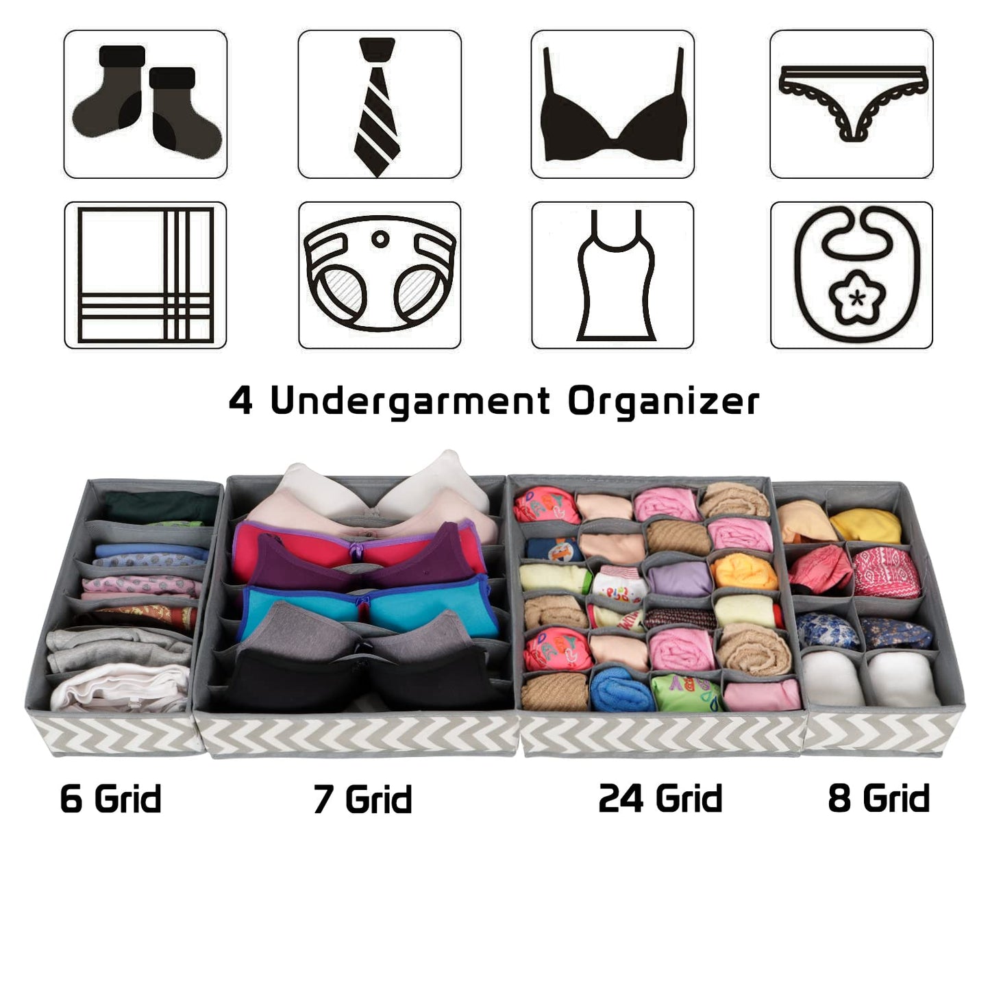 4 Pcs Undergarment Organizer Storage Box for Drawers Bra Panty Socks Tie Lingerie Organizer for Wardrobe, 24x8x7x6 Grid ,inside, Non-Woven Fabric, Grey