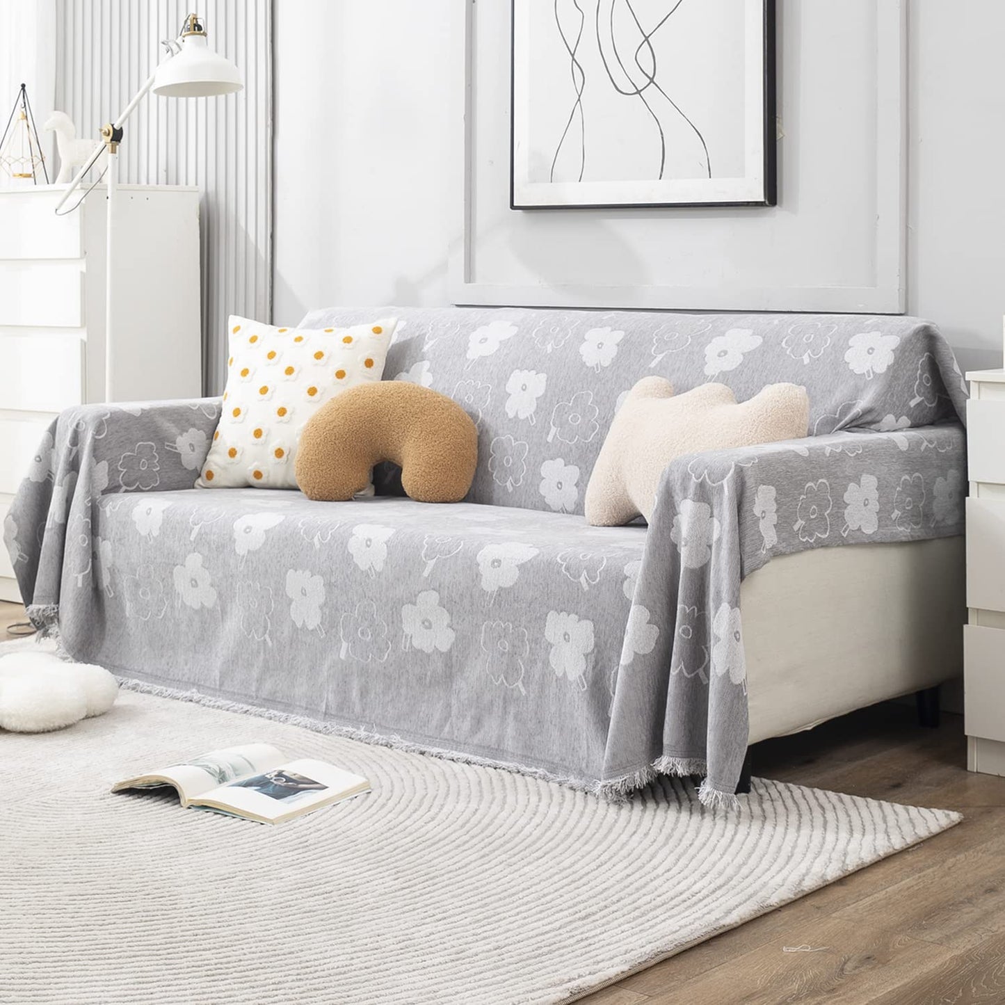 Grey Floral Chenille Sofa Throw | Thick & Soft for 1/2/3 Seater