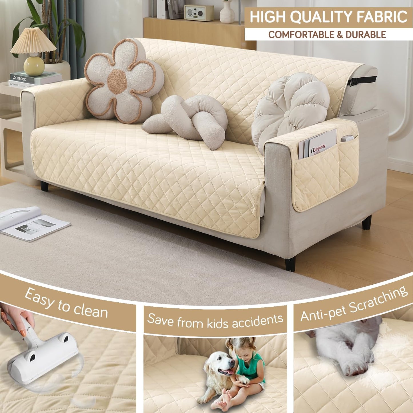 Quilted Waterproof Sofa Cover Mat with Pockets on Armrest Cover - Cream