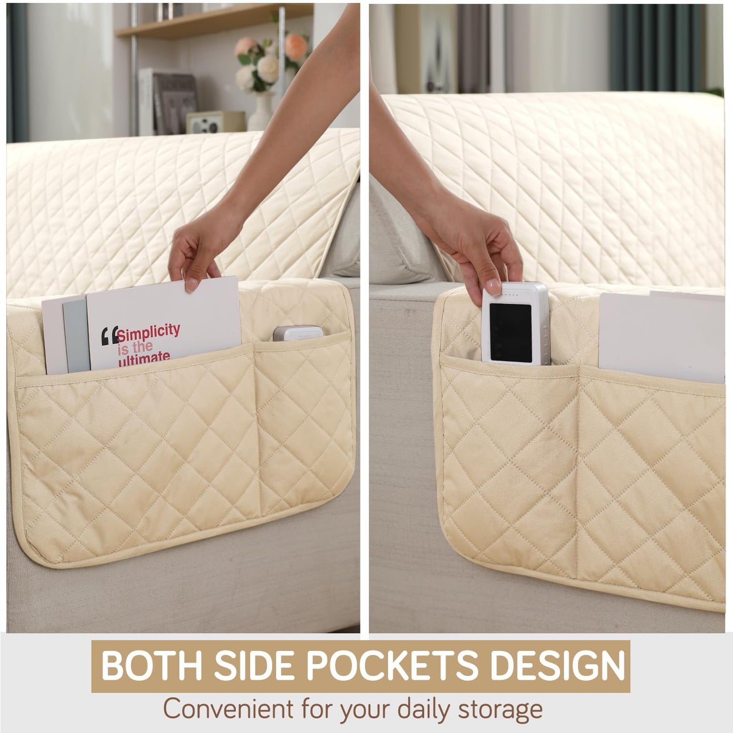 Quilted Waterproof Sofa Cover Mat with Pockets on Armrest Cover - Cream