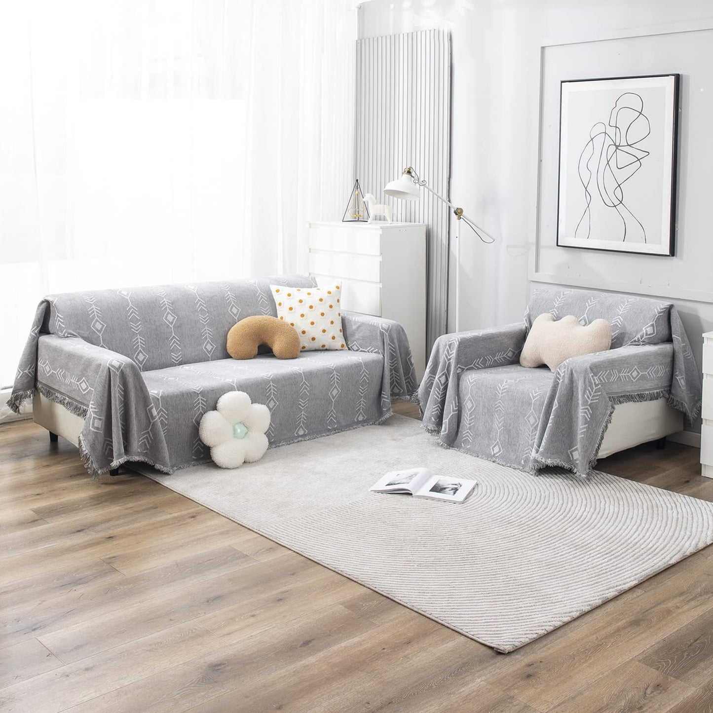 Thick, Soft and Pet Friendly Chenille Sofa Cover Throw, Grey Aztec