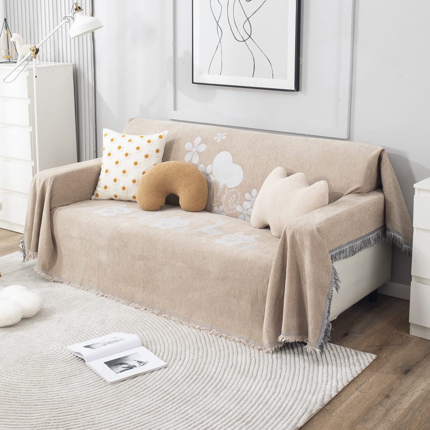 Beige Nature, Soft and Pet Friendly Chenille Sofa Cover Throw