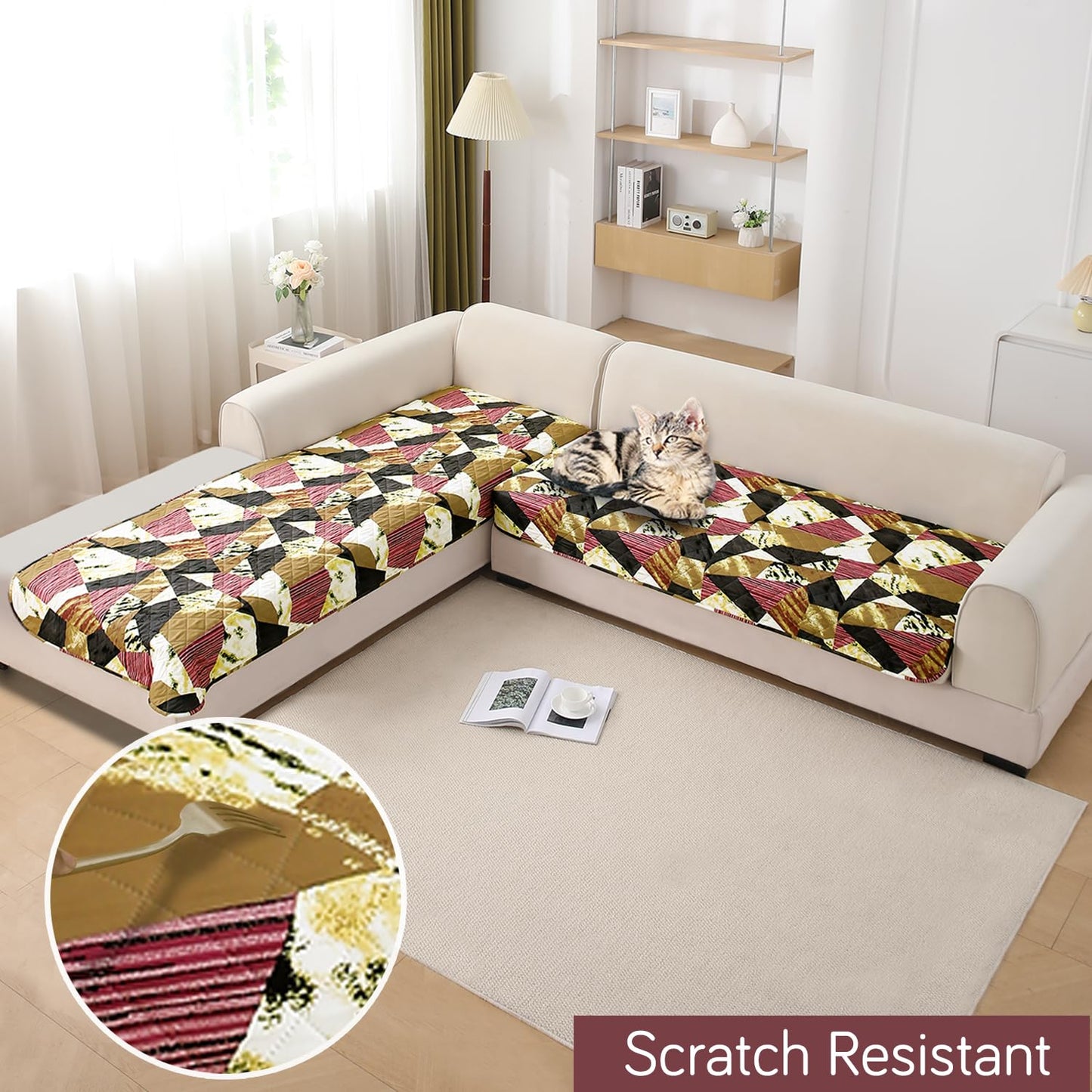 HOKIPO Waterproof Printed Quilted Quick Dry L Shape Sofa Seat Cover Mat, Wine Abstract Geometry