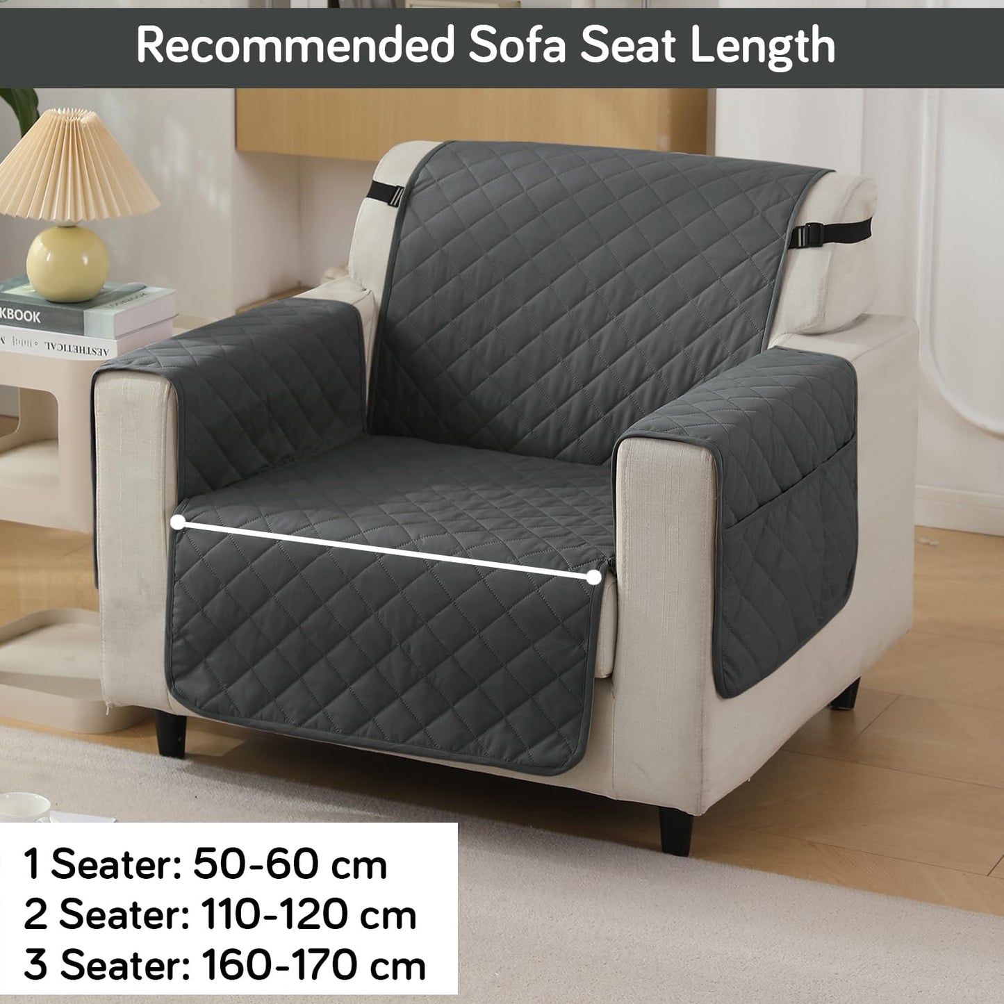 Quilted Waterproof Sofa Cover Mat with Pockets on Armrest Cover - Grey