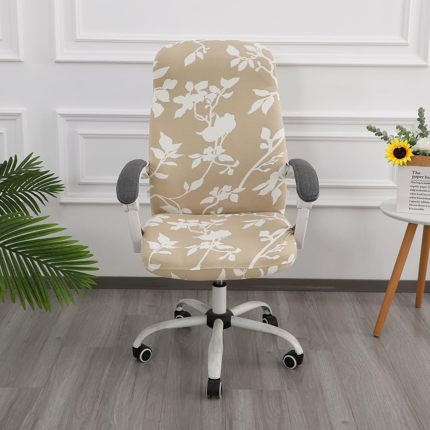 HOKIPO 140gsm Stretchable Office Chair Cover, Buff Brown Sillehoute Floral - Medium / Large