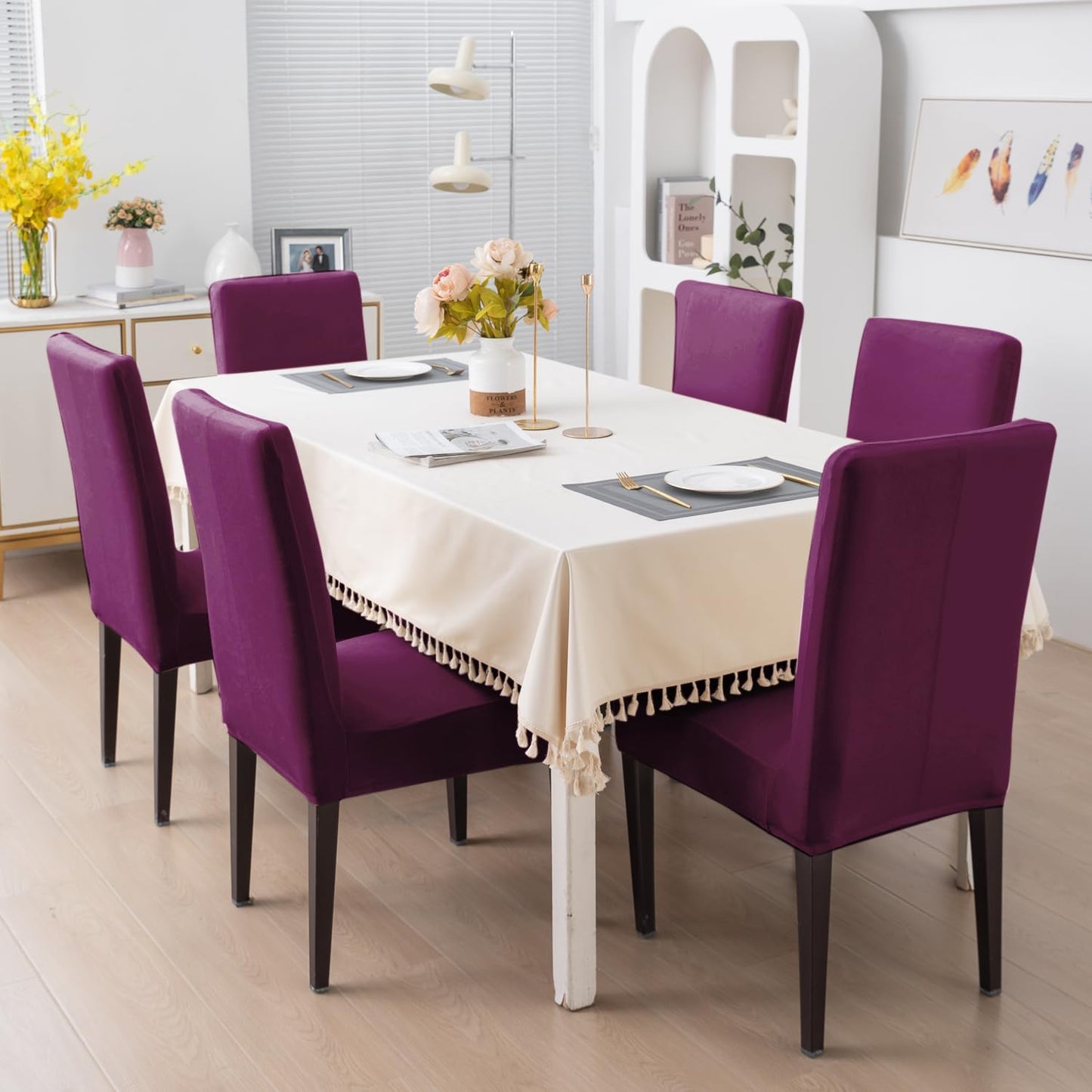 Elastic Stretchable Premium Velvet Dining Chair Cover, Purple