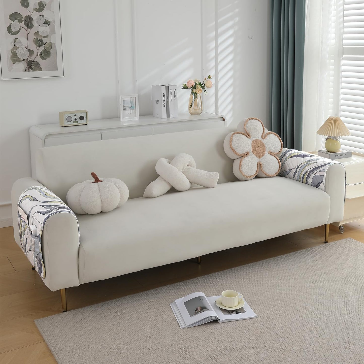 Quilted, Waterproof and Anti-Slip Sofa Cover Mat, Curved Lines Pearl White