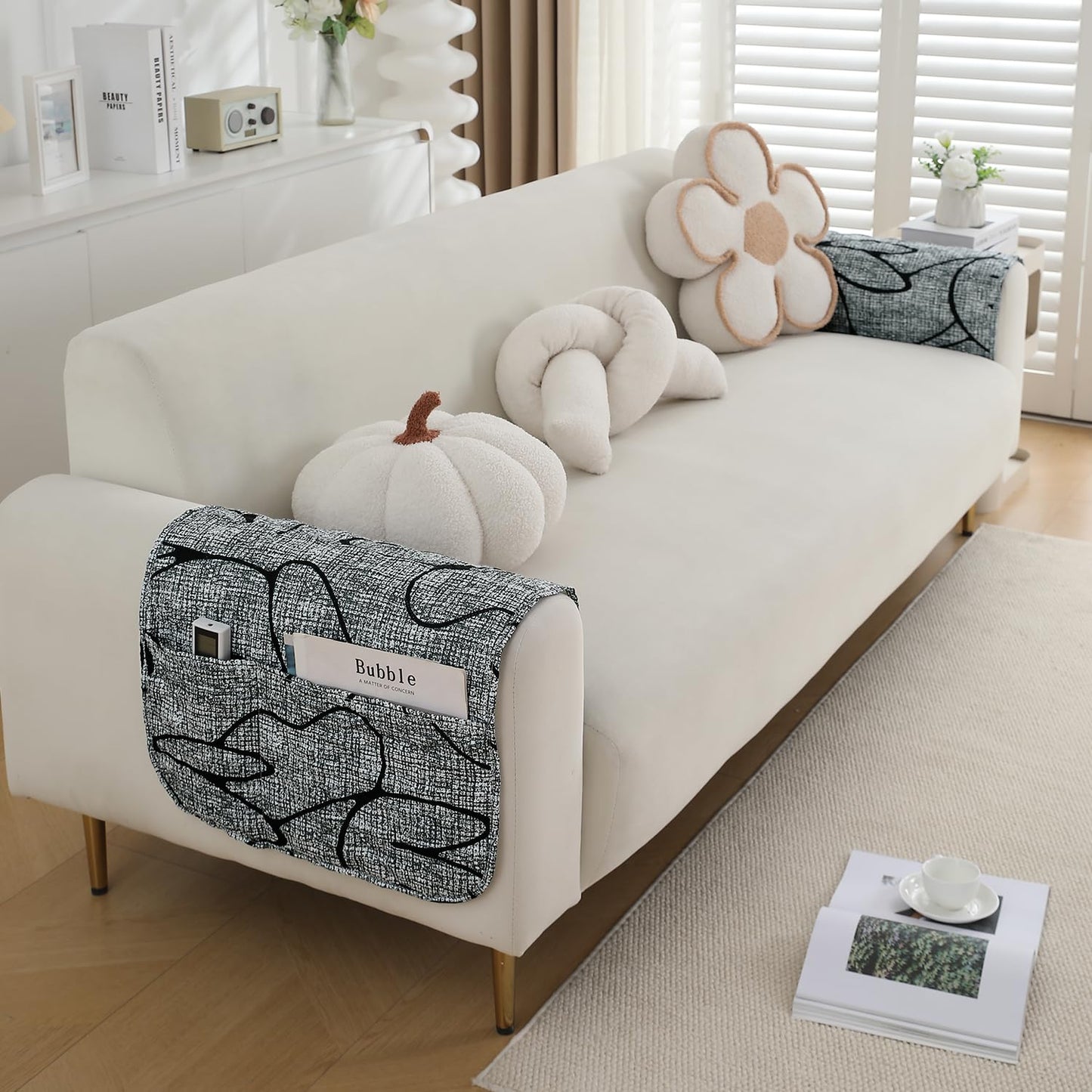 Water Repellent & Waterproof Sofa Armrest Covers with Pockets (Set of 2) - Intense Grey Abstract Floral