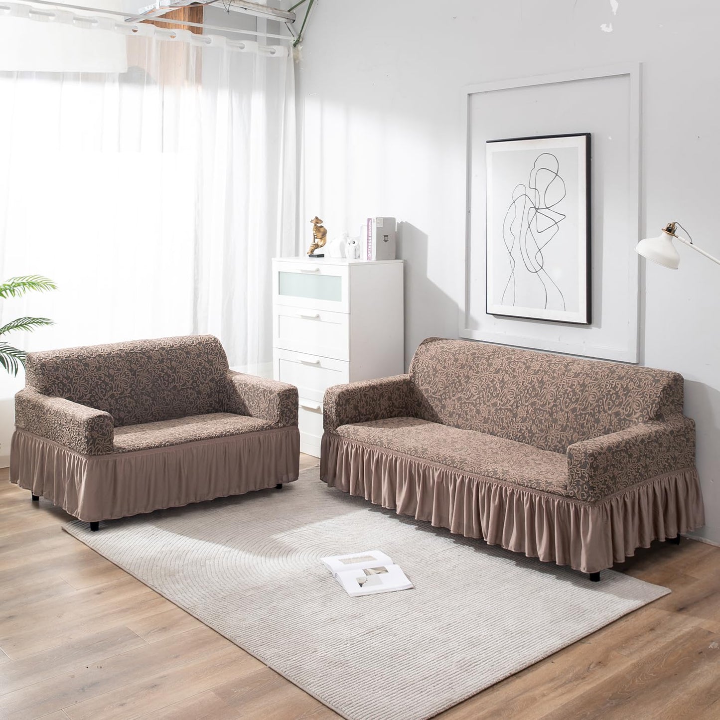 Light Taupe designer woven jacquard frill sofa cover for 3 2 seater sofa