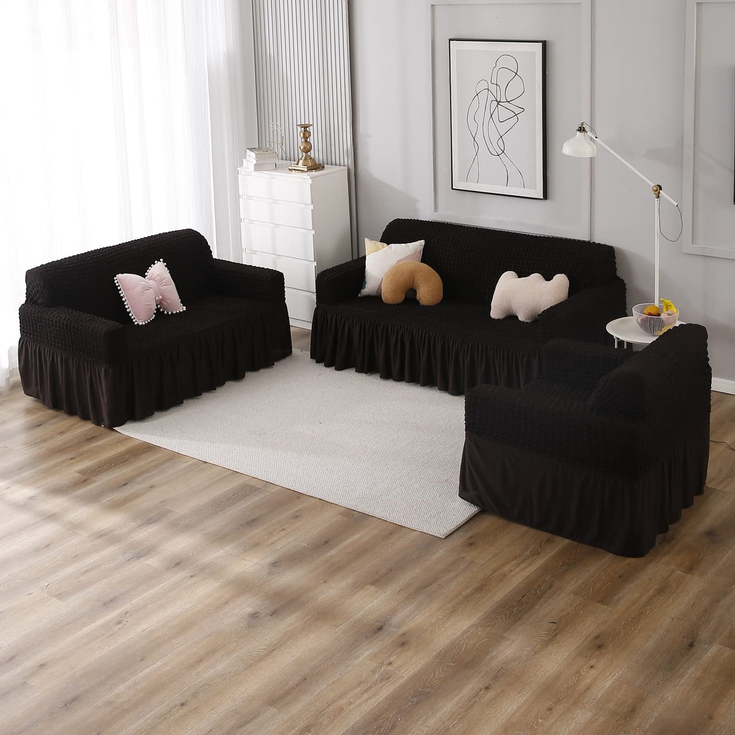 Dark Chocolate Elastic stretchable Turkish bubble frill sofa cover set for 1, 2, 3, 4, 5, 6, & 7 Seater sofa
