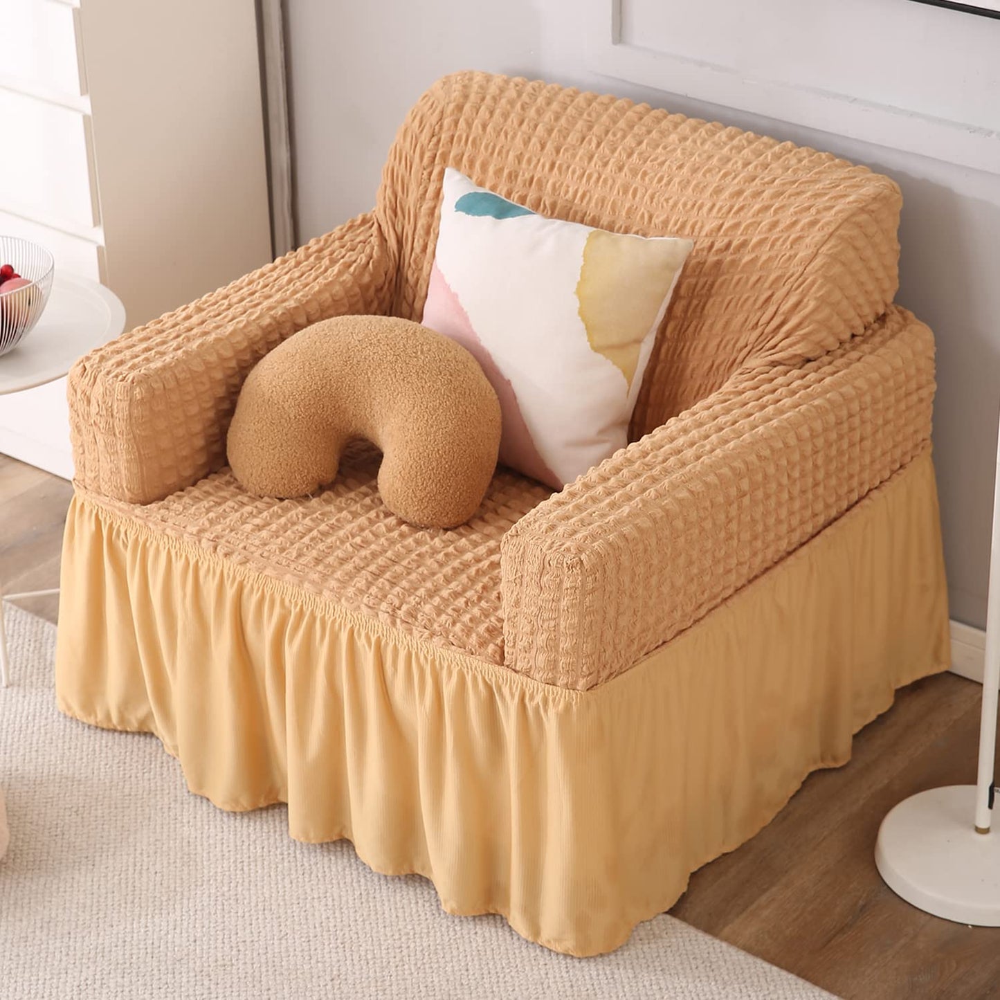Light Brown Elastic Turkish Bubble Frill single sofa cover