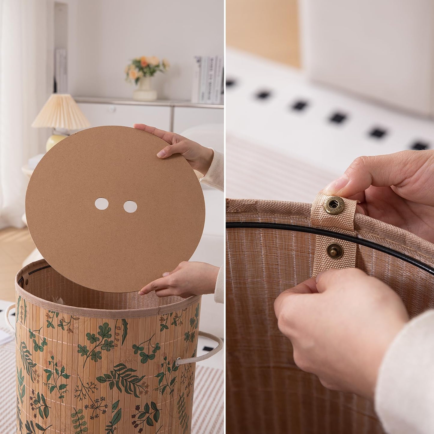 Eco-Friendly Foldable Bamboo Laundry Basket Hamper with Lid, Large, 61 Litre, Fern Leaves