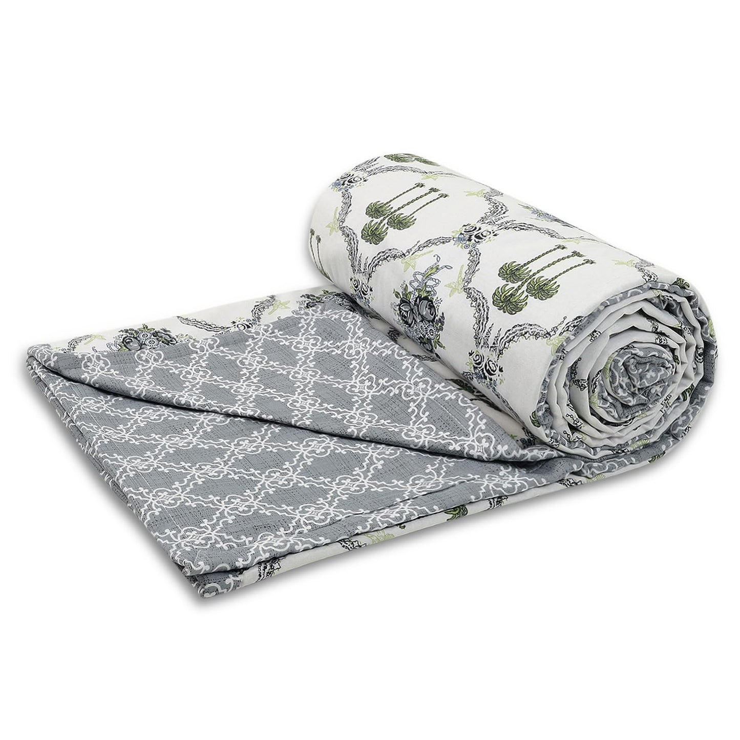 Reversible Cotton Dohar AC Blanket, Oxford Grey Palm Tree