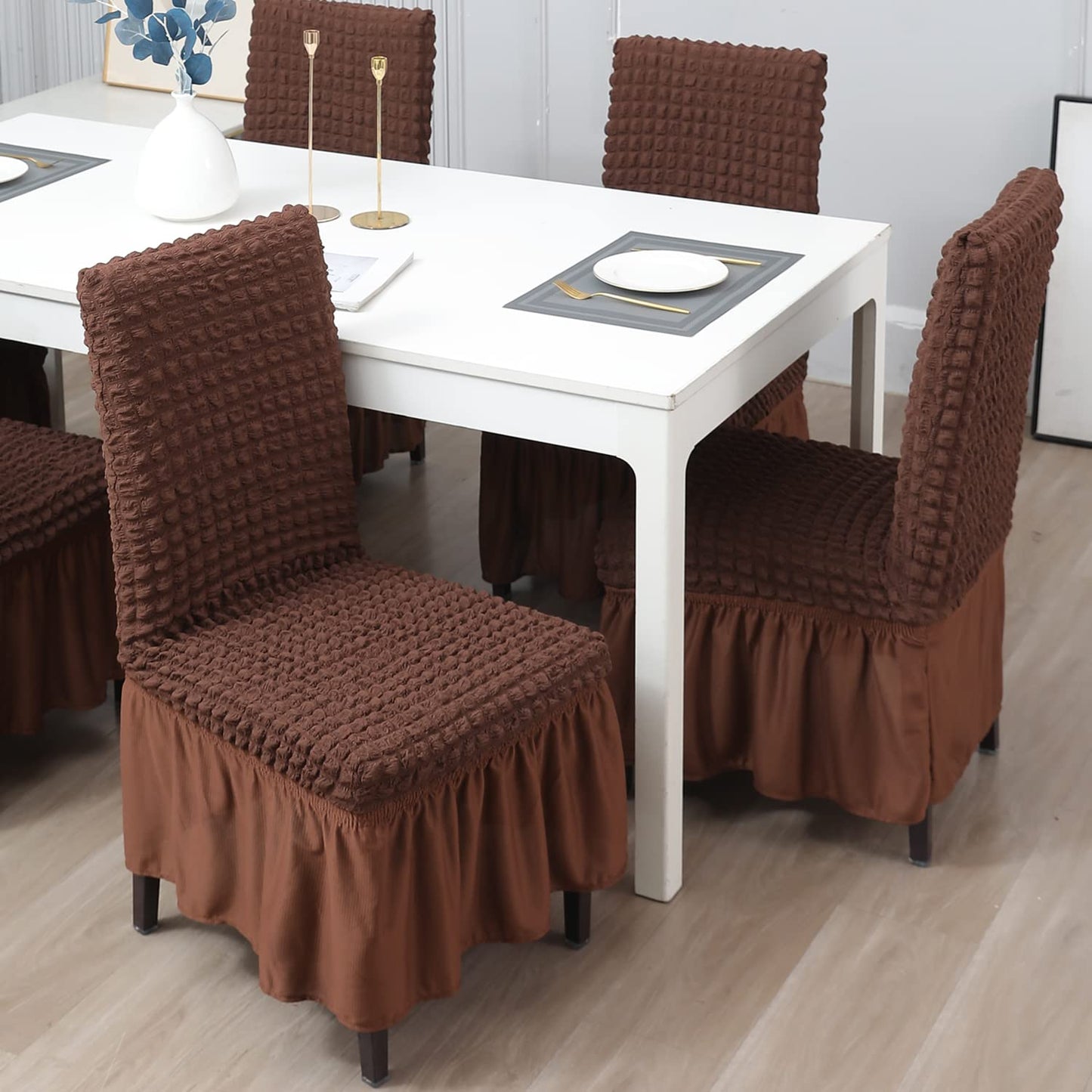 Elastic Stretchable 280 GSM Bubble Dining Chair Cover with Frill, Dark Brown