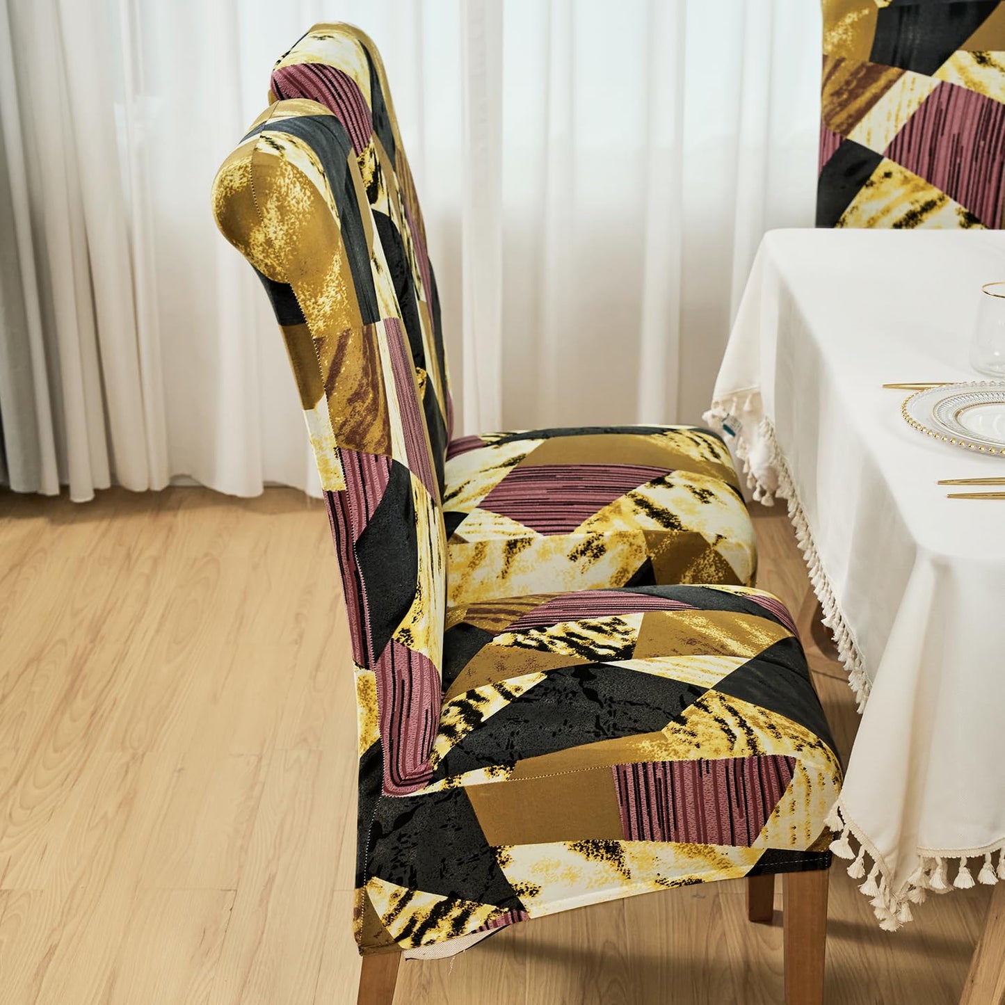 PolySpandex 140gsm High Back Dining Chair Cover Set of 1/2/4/6, Wine Abstract Geometry