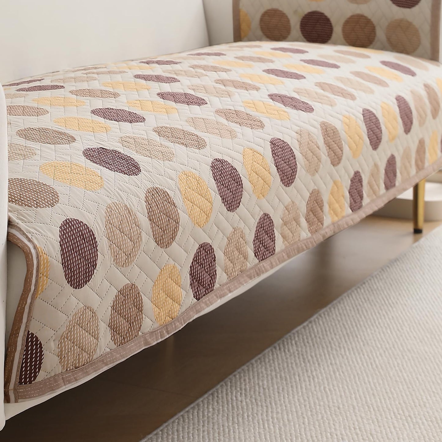 Quilted Sofa Seat Mat for 1/2/3 Seater with 2 Armrest Covers with Pockets, Brown Polka Dot
