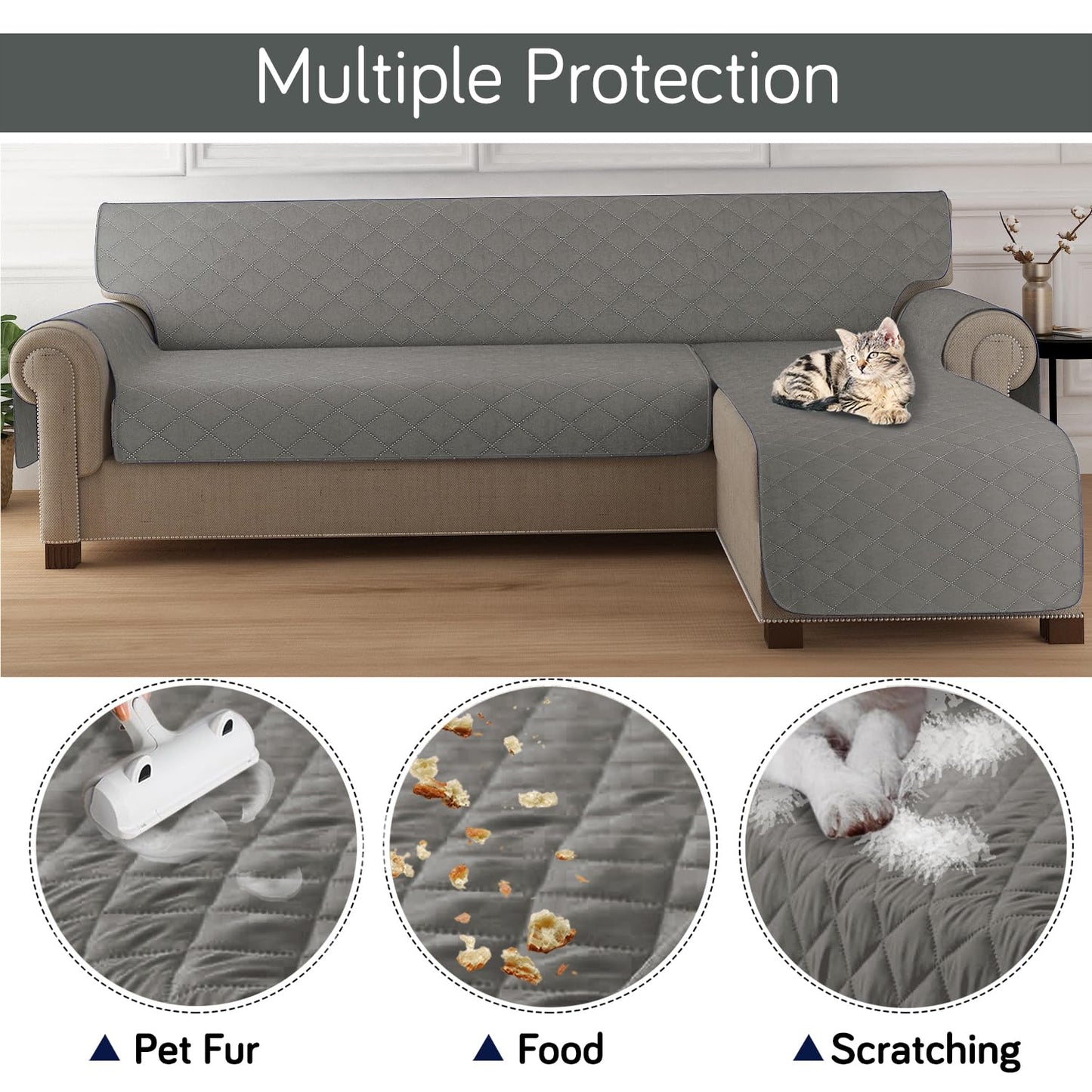 HOKIPO Quilted Reversible One Piece L Shape 4/5/6 Seater Sofa Cover Mat, Light Grey