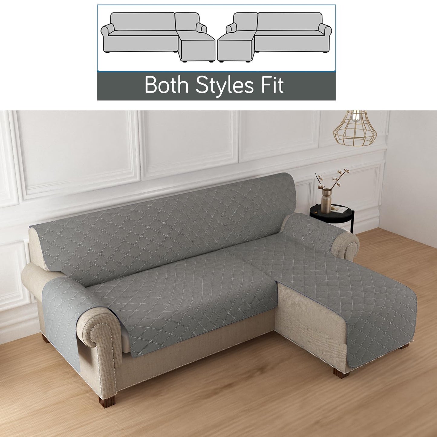 HOKIPO Quilted Reversible One Piece L Shape 4/5/6 Seater Sofa Cover Mat, Light Grey