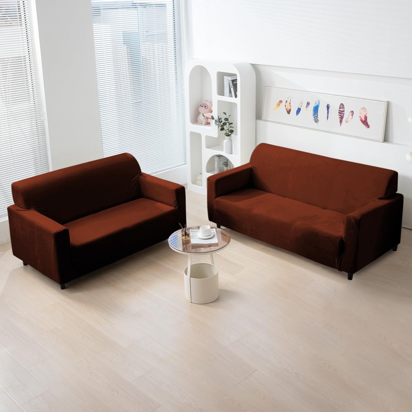 Rustic Brown premium elastic velvet sofa cover for 3+2 seater sofa set
