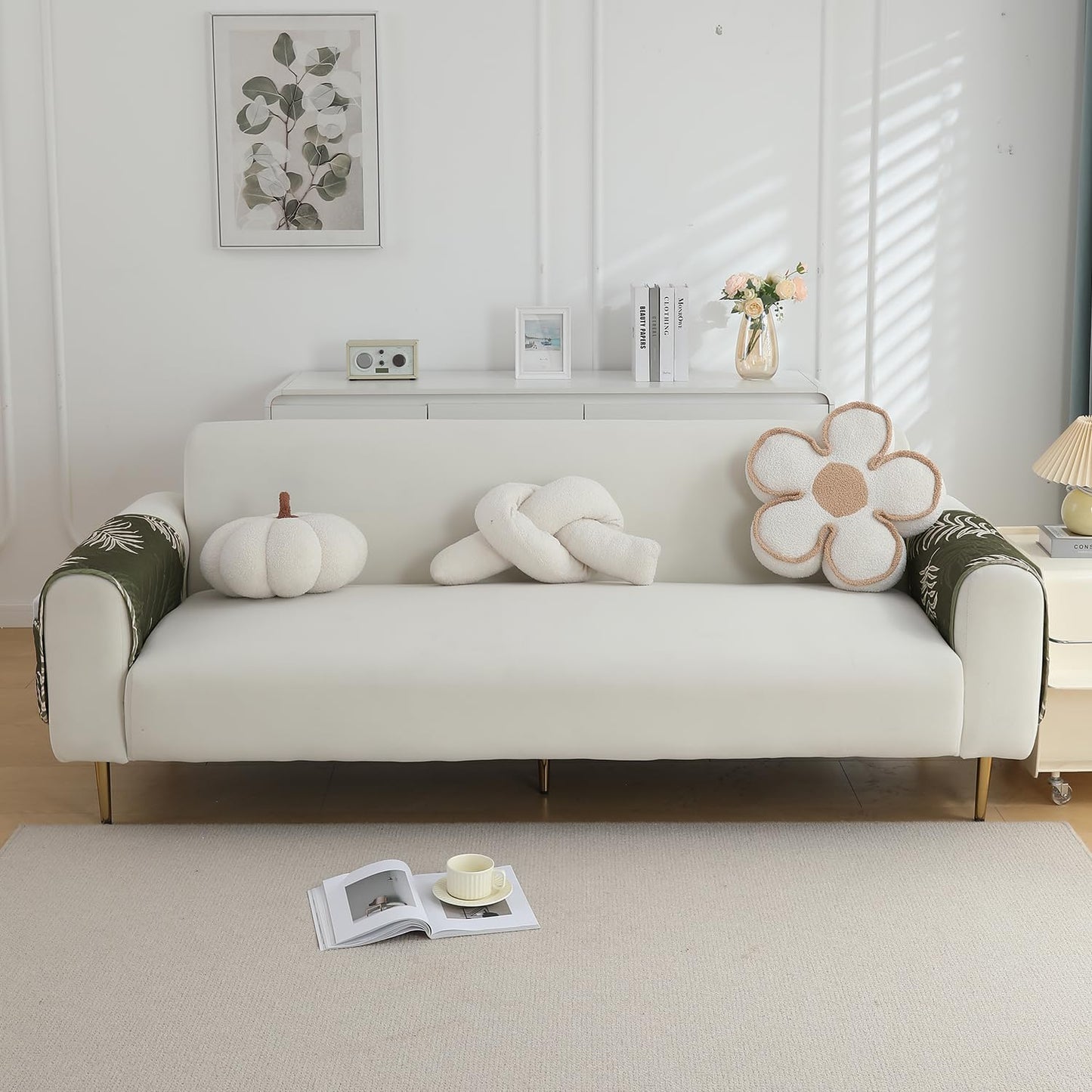 Quilted, Waterproof and Anti-Slip Sofa Cover Mat, Palm Leaves Olive