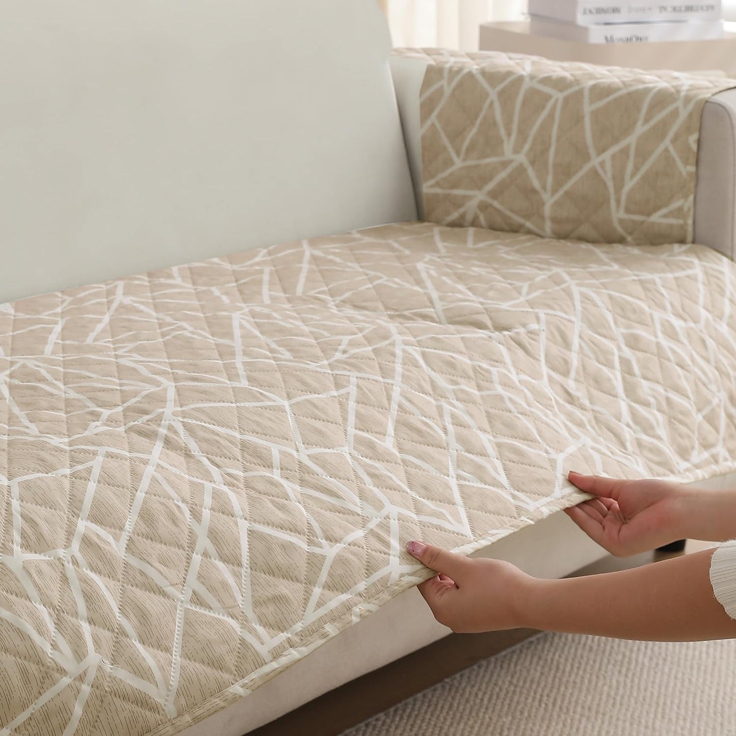 Waterproof Quilted Sofa Seat Mat for 1/2/3 Seater with 2 Armrest Covers with Pockets, Beige Abstract Geometry